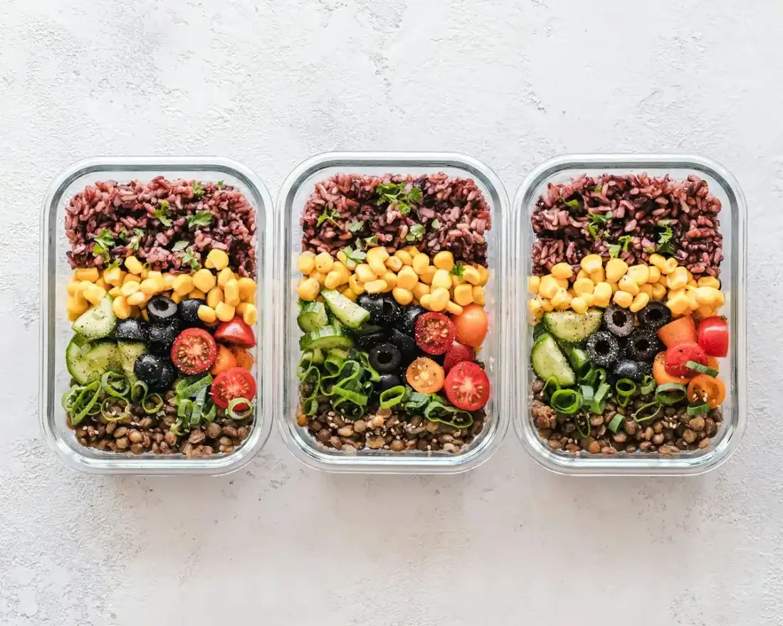 Três potes de vidro com marmita de quinoa, milho, tomate, pepino e azeitona
