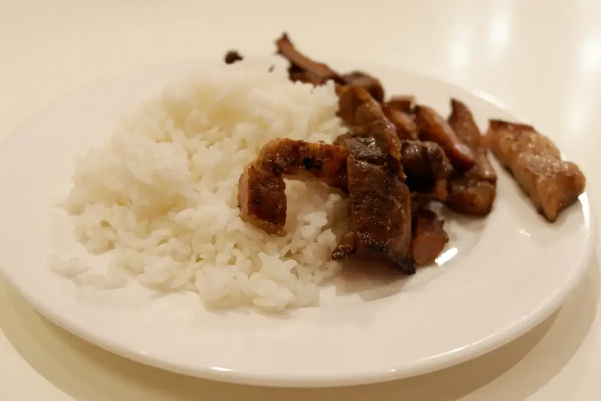 Arroz branco com tiras de carne