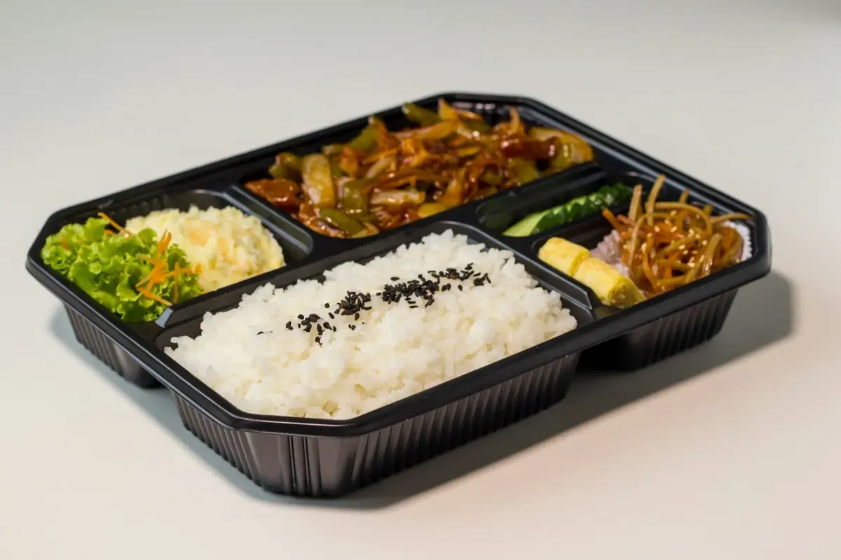 Marmita de plástico com arroz, legumes refogados e salada